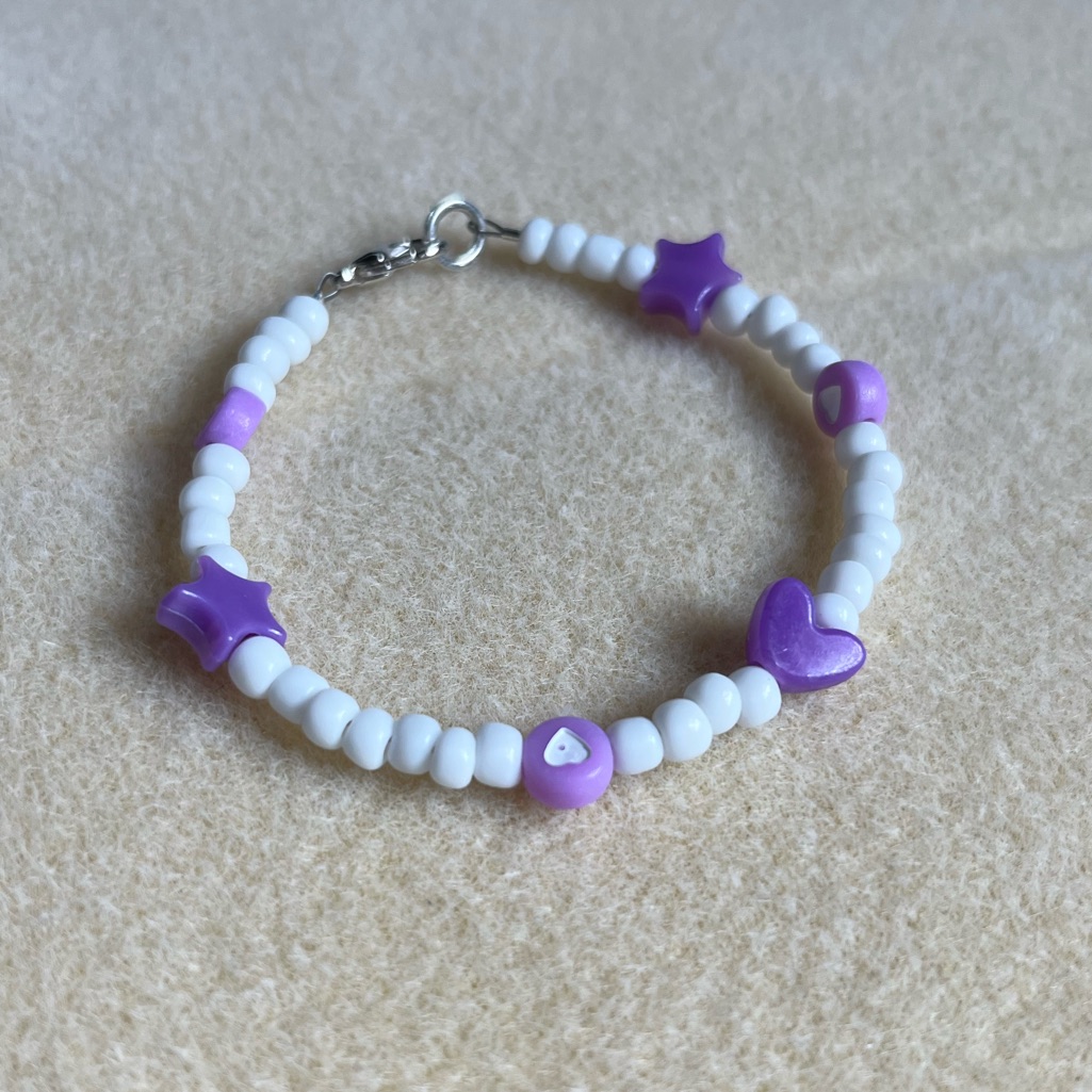 *2 For $20* Purple And White Hearts And Stars Beaded Bracelet